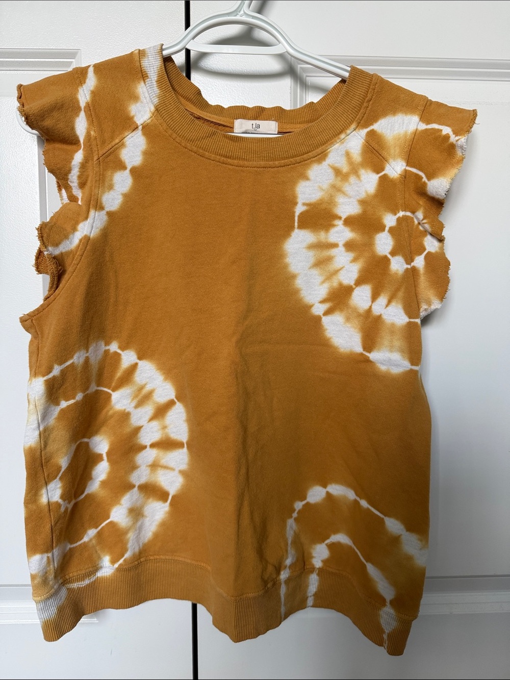 T.La Mustard and White Tie-Dye Ruffle Sleeve Tank